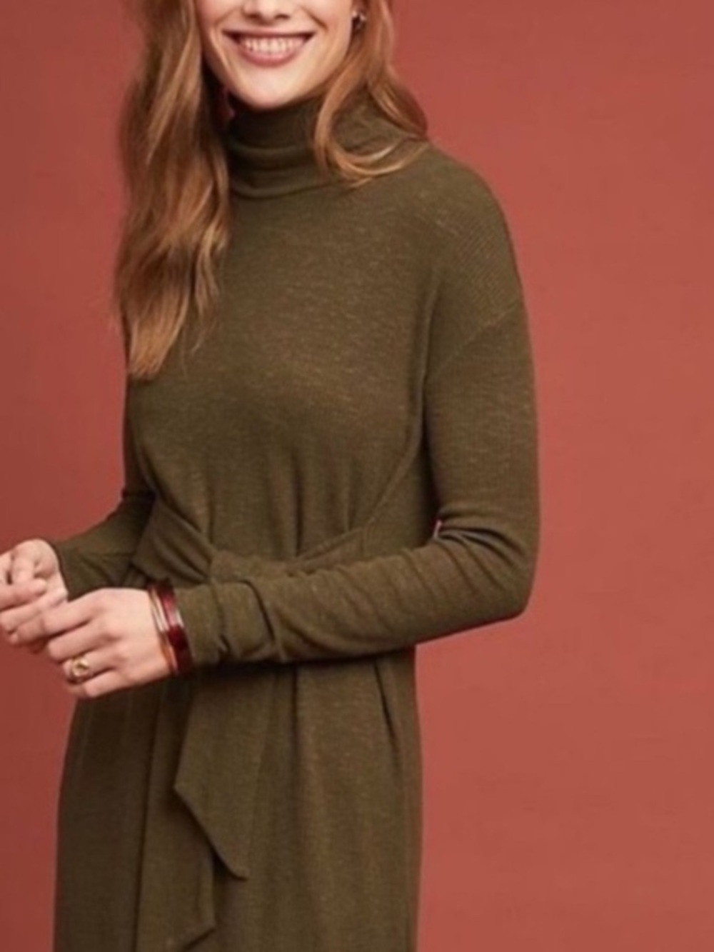 Anthropologie Building 18 Olive Green Tie Wrap Ribbed Longsleeve Dress Small